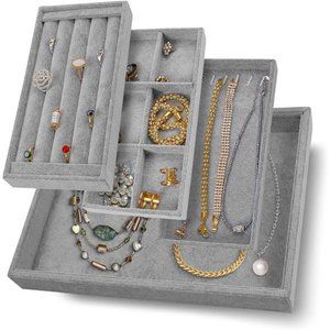 Jewelry Tray Organizer, Stackable Accessories, Storage, 13.8"x 9.5", Grey, 4 Pcs